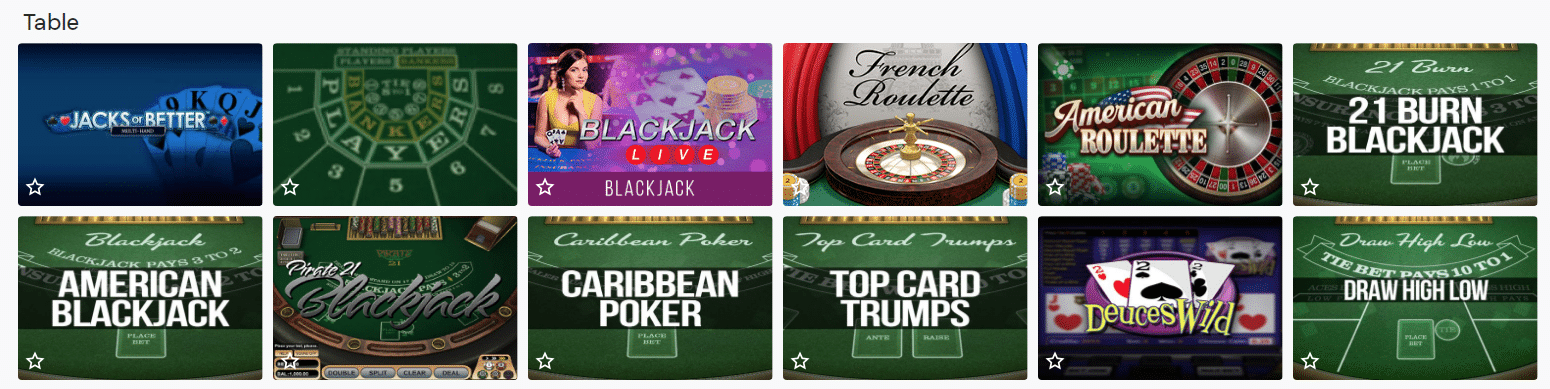 Winner Casino Table games